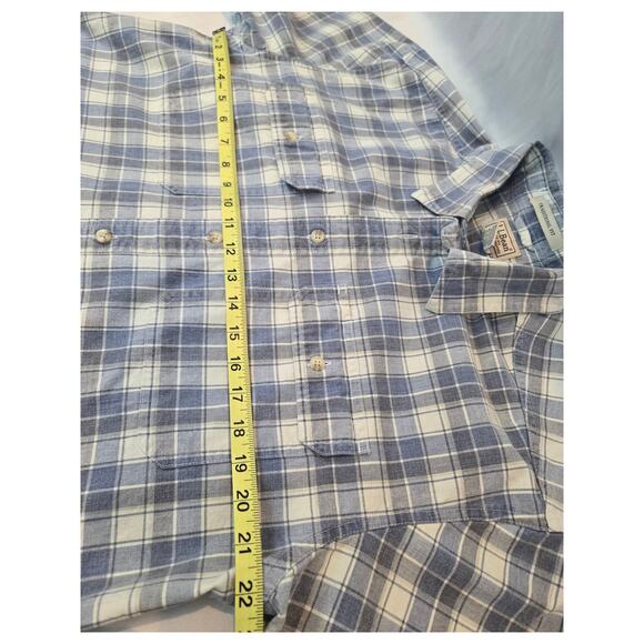 LL Bean Blue Plaid Button Down Short Sleeve Shirt 100% Cotton Mens Medium - Picture 5 of 5
